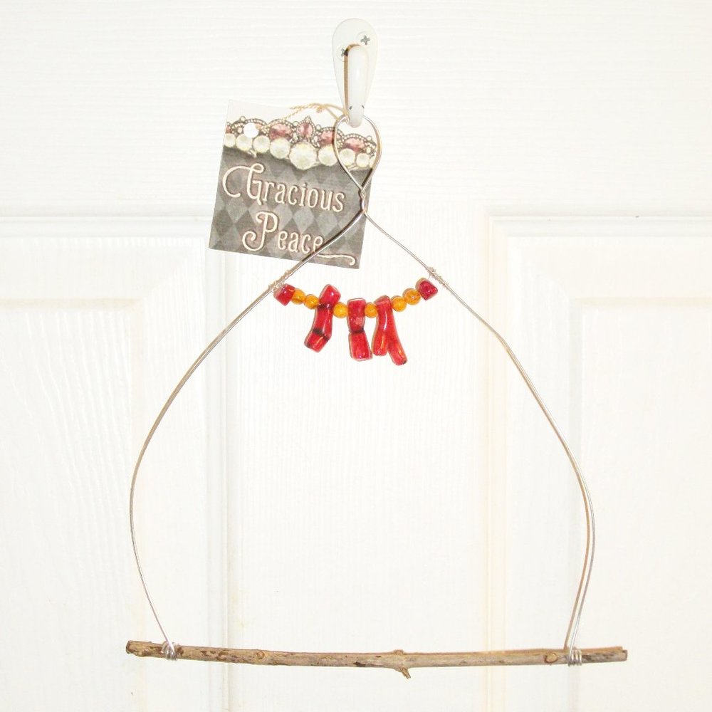 Handmade OOAK Garden Hummingbird Perch Swing Coral & Stone Wire Tree Branch 8X9